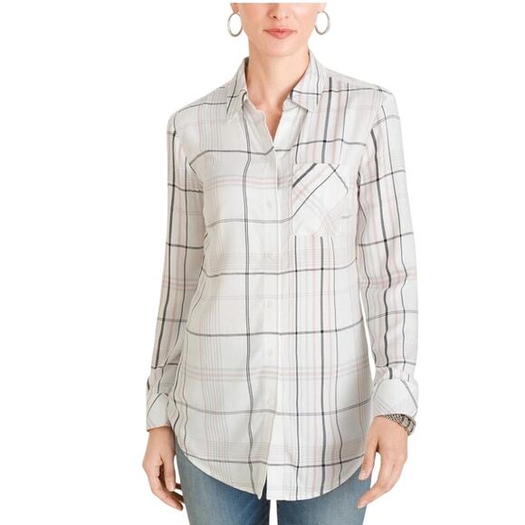Chico’s Large Petite  2 white tan plaid button up blouse academia preppy beachy - Picture 1 of 12
